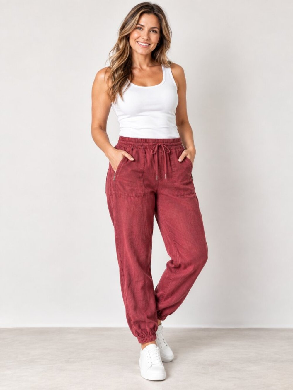 Athleta Retreat 100% Linen Jogger Pants Burgundy Red Size 8